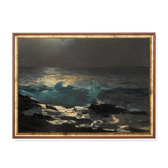 Printed And Shipped Moonlight Seascape Painting Ocean Beach Print Vintage Home Decor Antique Art Print Dark Moody Rustic Art