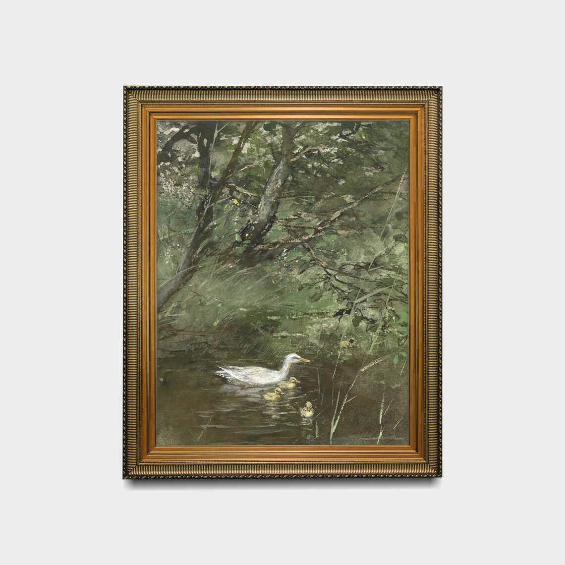 White Duck With Ducklings in a Woodland Pond Painting Poster - Image 2