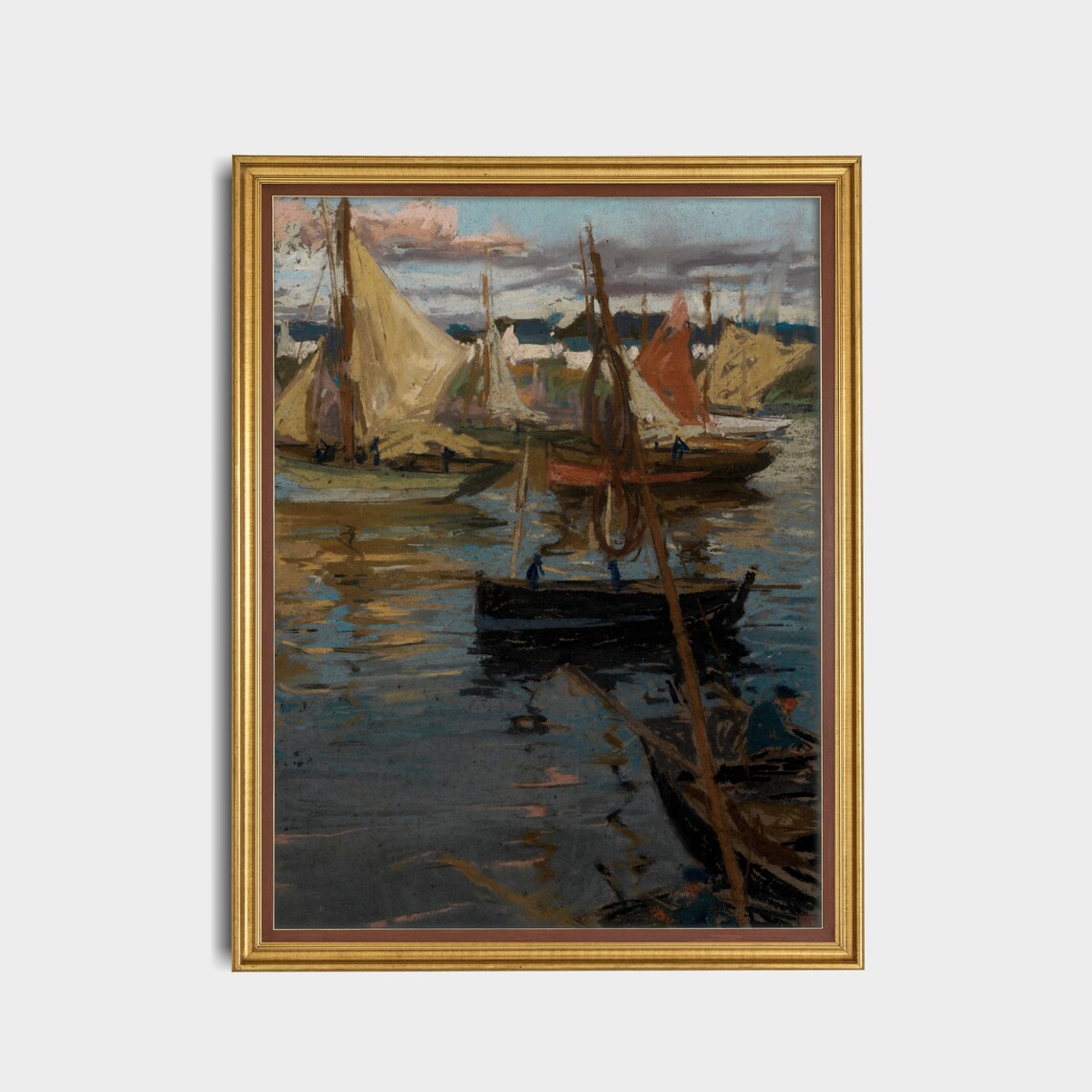 Moody Sailboat Harbor at Dusk Vintage Coastal Oil Painting Poster - Image 4