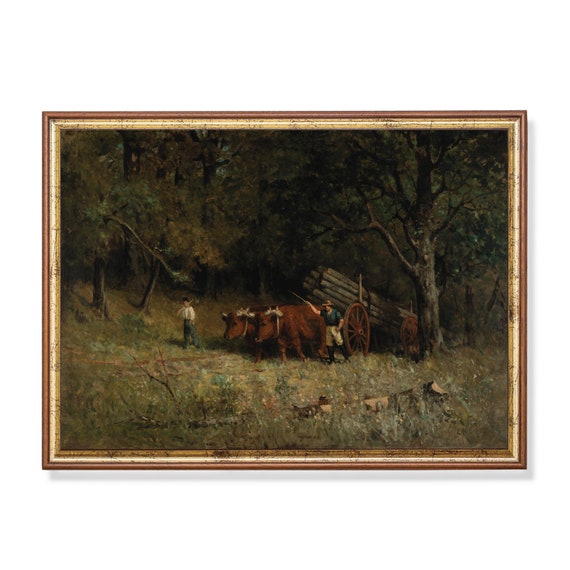 Printed And Shipped Landscape Painting Vintage Wall Art Antique Country Decor Moody Rustic Print Nature Art Men With Oxen