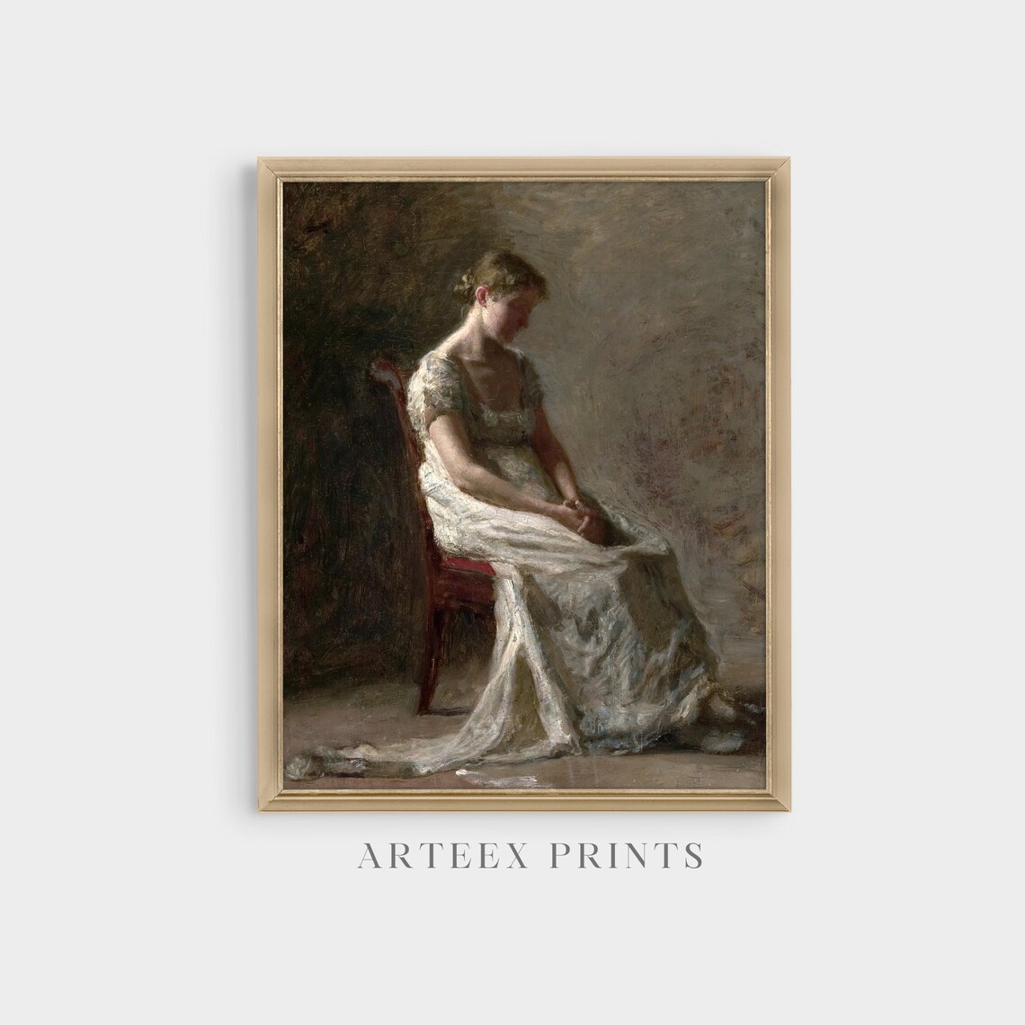 Seated Woman in White Daydreaming Antique Oil Portrait Poster - Image 4