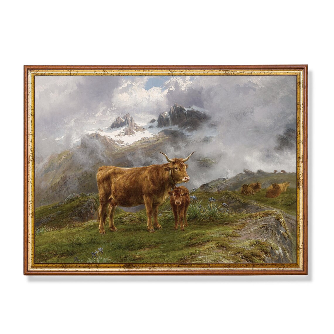 Highland Cow and Calf in a Misty Mountain Pasture Painting Poster