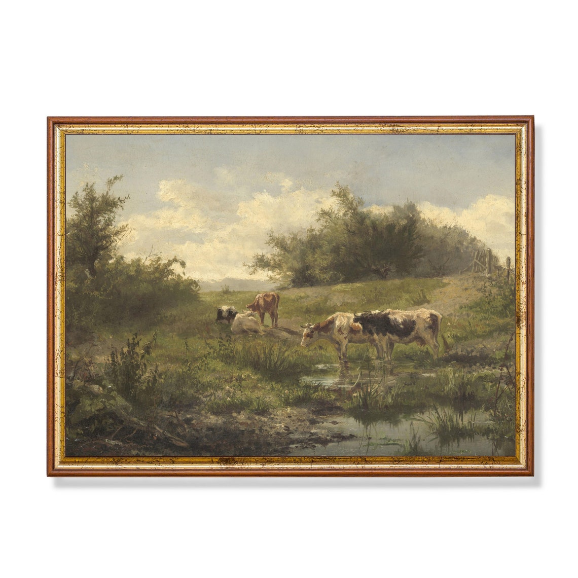 Cows Drinking from a Pond in a Sunny Meadow Vintage Oil Poster