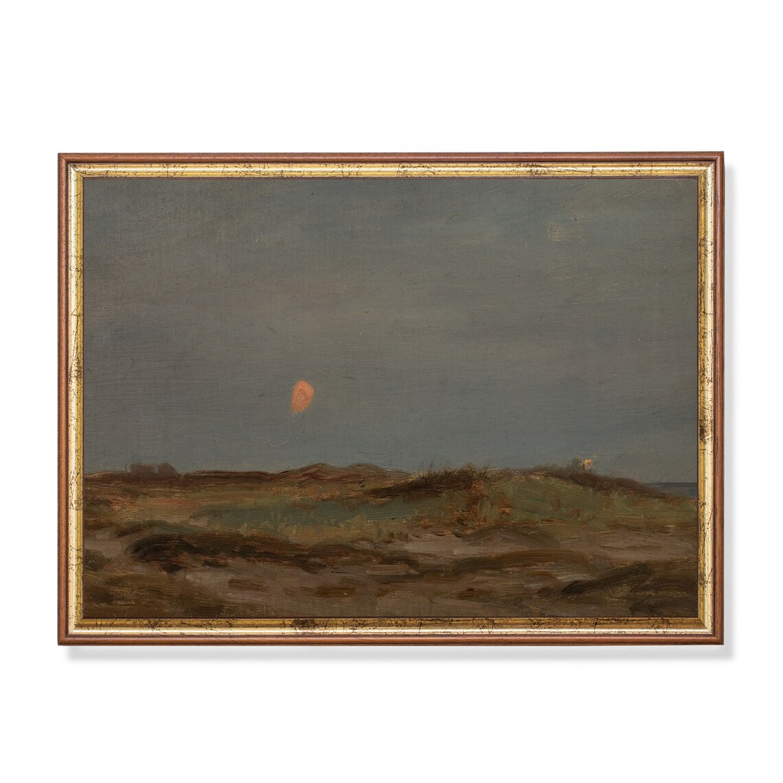 Orange Sun Over Coastal Dunes at Dusk Moody Antique Landscape Poster