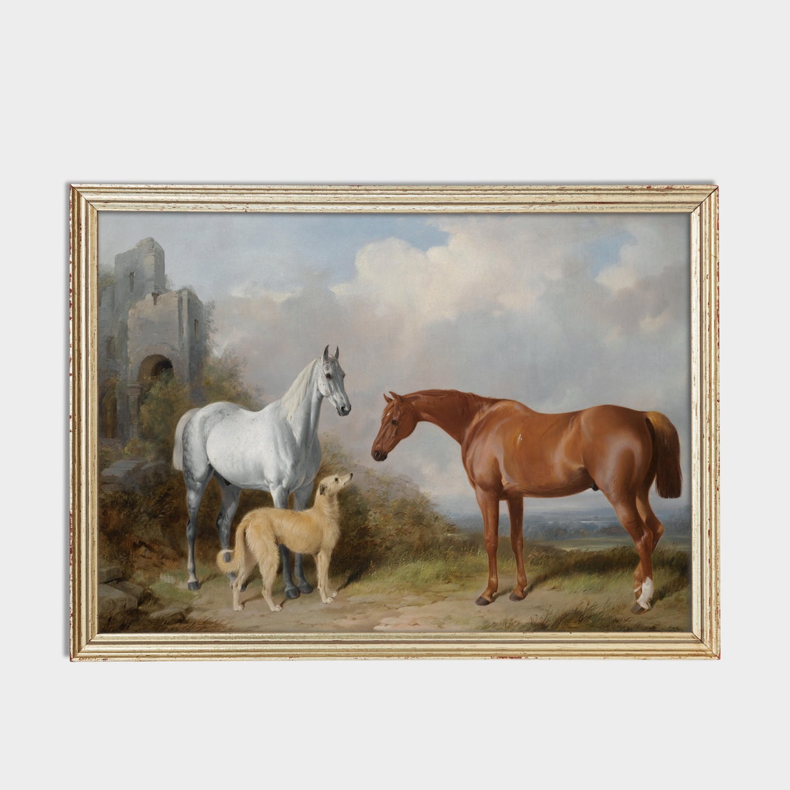Two Horses and a Shaggy Dog Standing Before a Ruined Castle Poster - Image 2