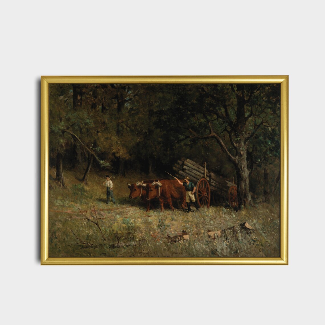 Men with Oxen Hauling Log Cart in Forest Rustic Painting Poster - Image 2