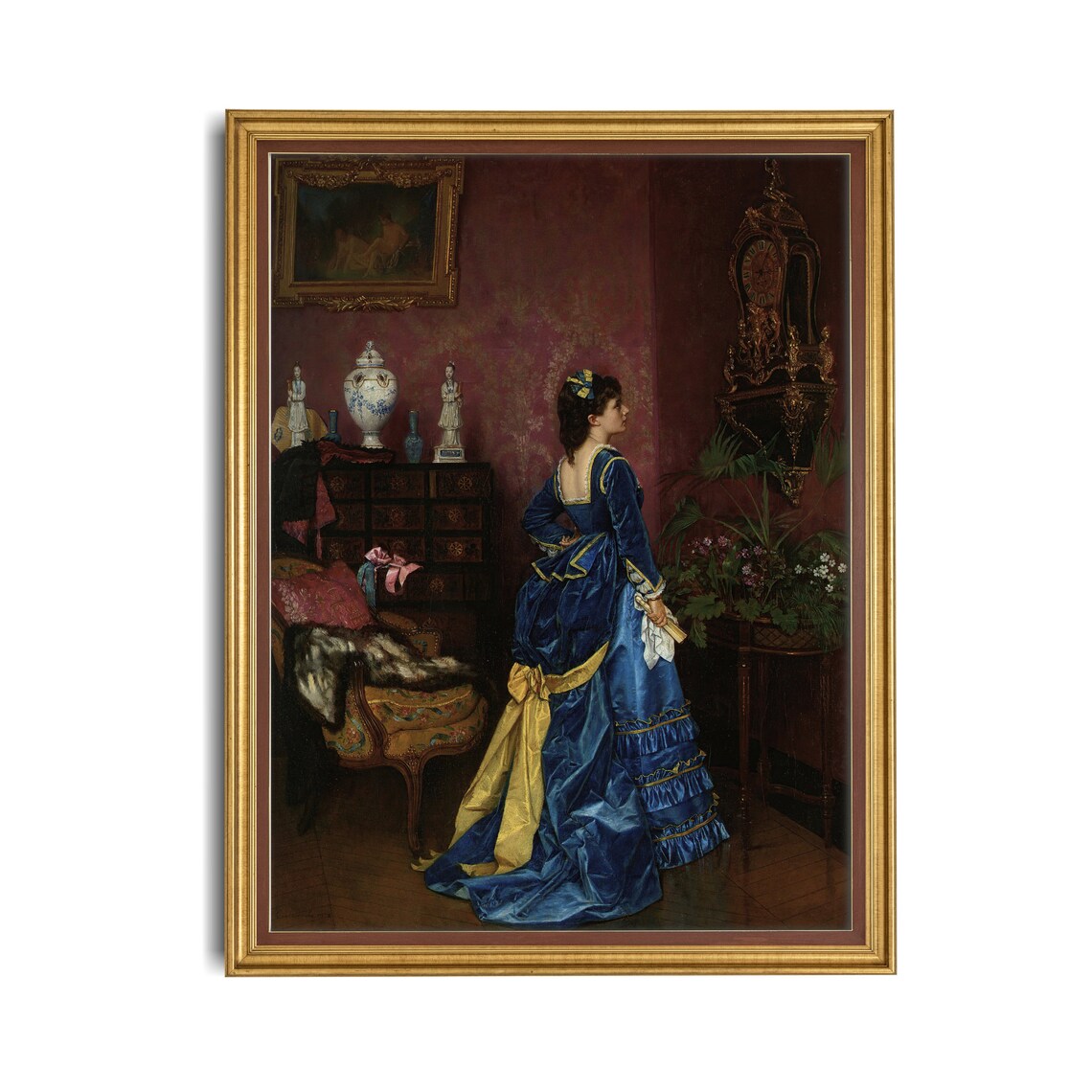 Woman in Blue Satin Gown in a Victorian Parlor Interior Poster - Image 4