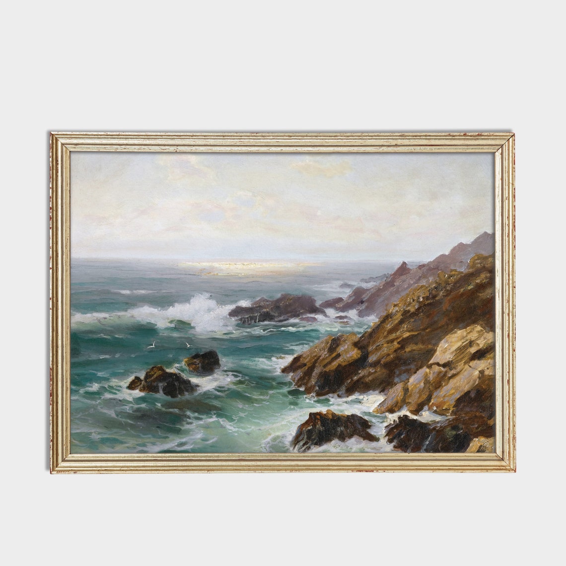 Waves Breaking on Rocky Cliffs Vintage Coastal Painting Poster - Image 2