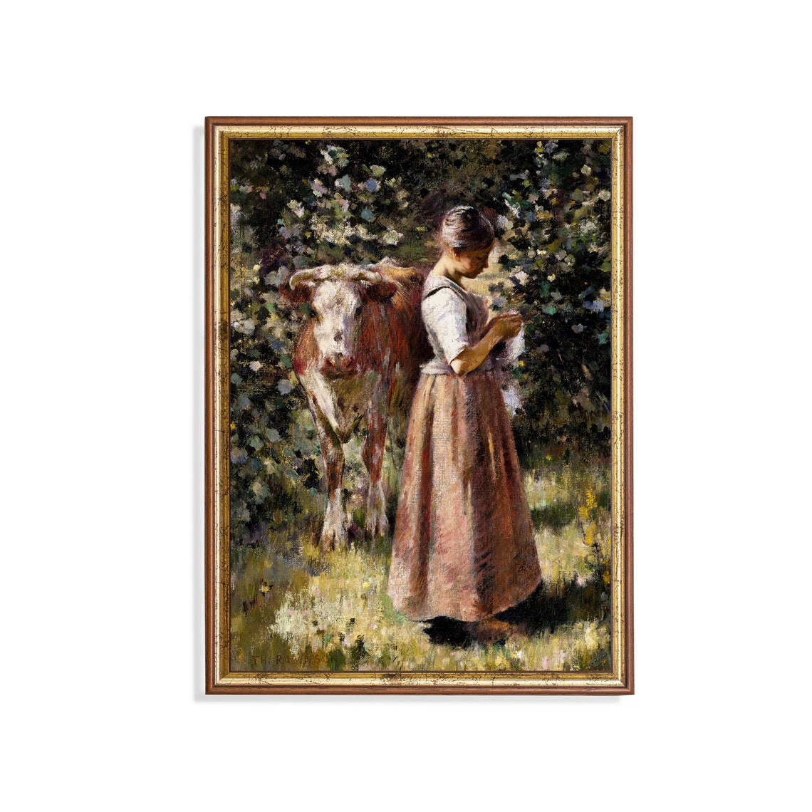 Woman With Cow Vintage Portrait Painting Cowgirl Print Moody Rustic Oil Painting Wall Art Fine Art