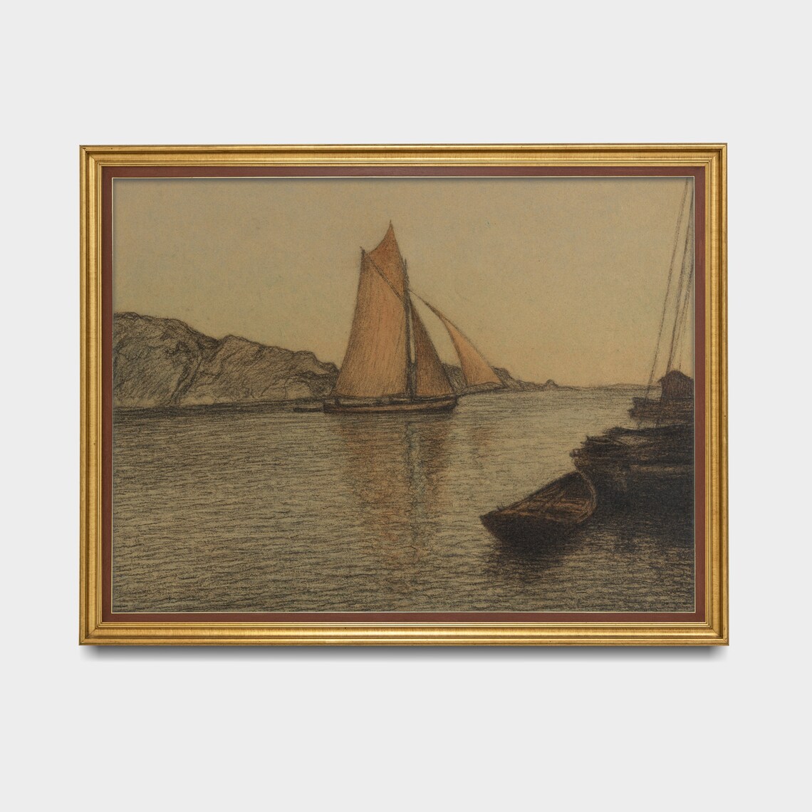 Lone Sailboat at Anchor by Rocky Cliffs at Dusk Vintage Poster - Image 3