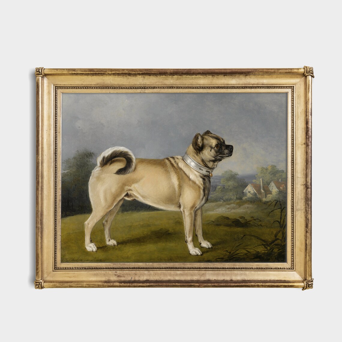 Fawn Pug Standing in Profile Vintage Dog Portrait Oil Painting Poster - Image 2