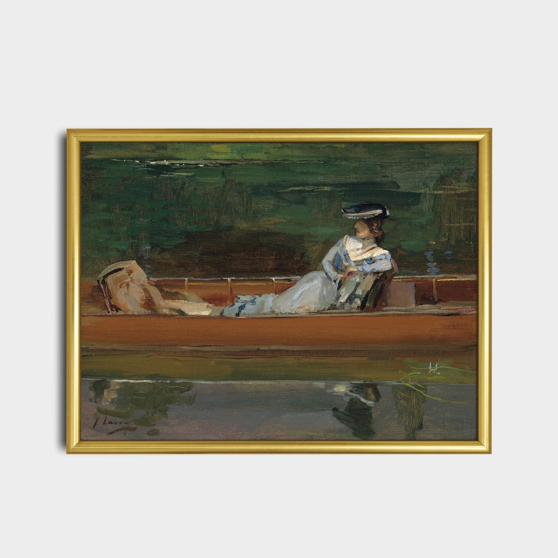 Elegant Woman Reclining in Boat on Calm Water Impressionist Poster - Image 2