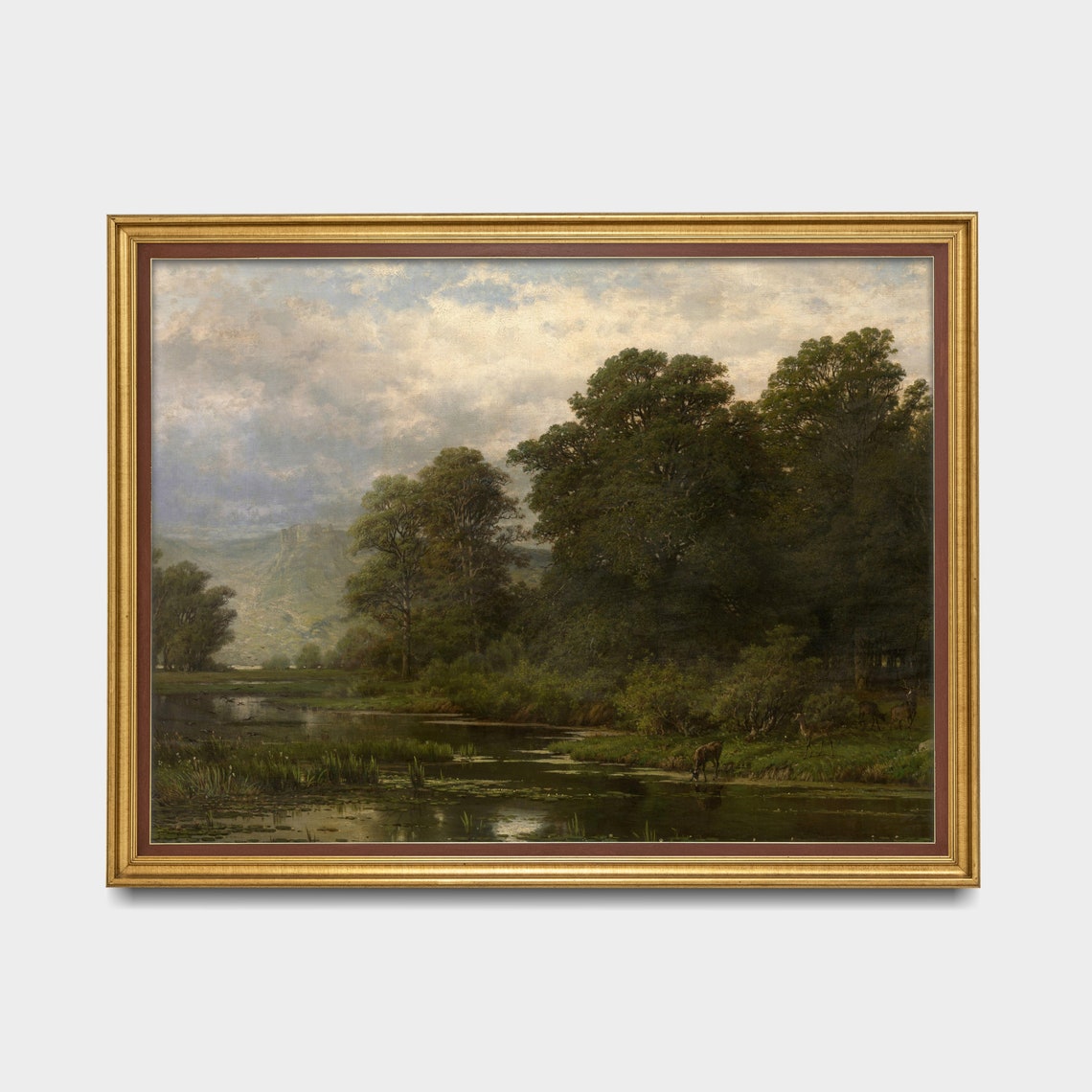 Deer Drinking at a River Beneath Trees Summer Landscape Poster - Image 3