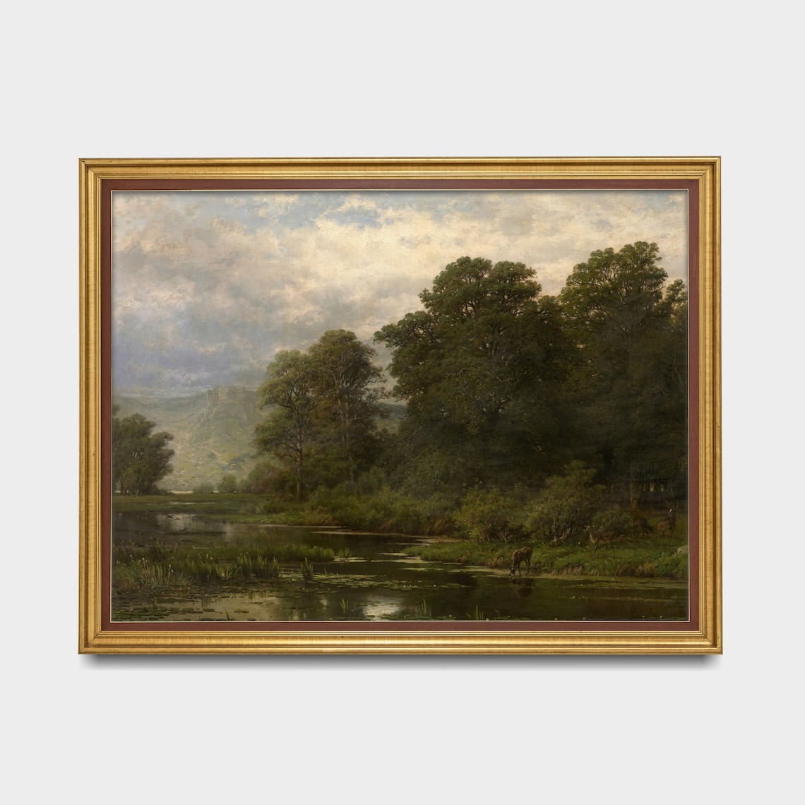 Deer Drinking at Woodland Pond Vintage Forest Landscape Poster - Image 3