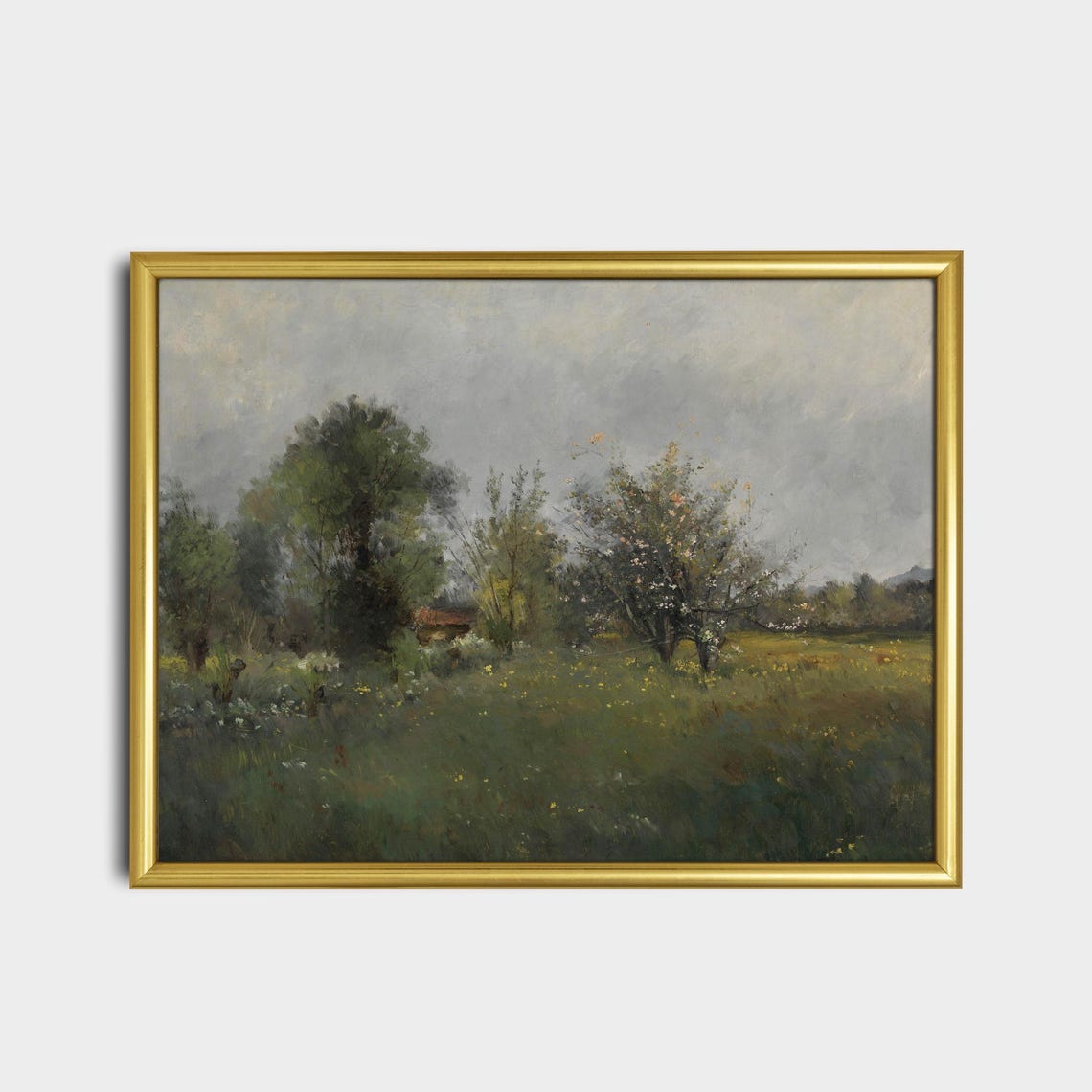 Green Meadow with Trees and a Distant Farm Vintage Landscape Poster - Image 2