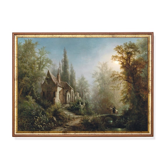 Printed And Shipped Vintage Landscape Moonlight Over A Castle Castle And Riders Antique Print Moody Rustic Farmhouse Decor