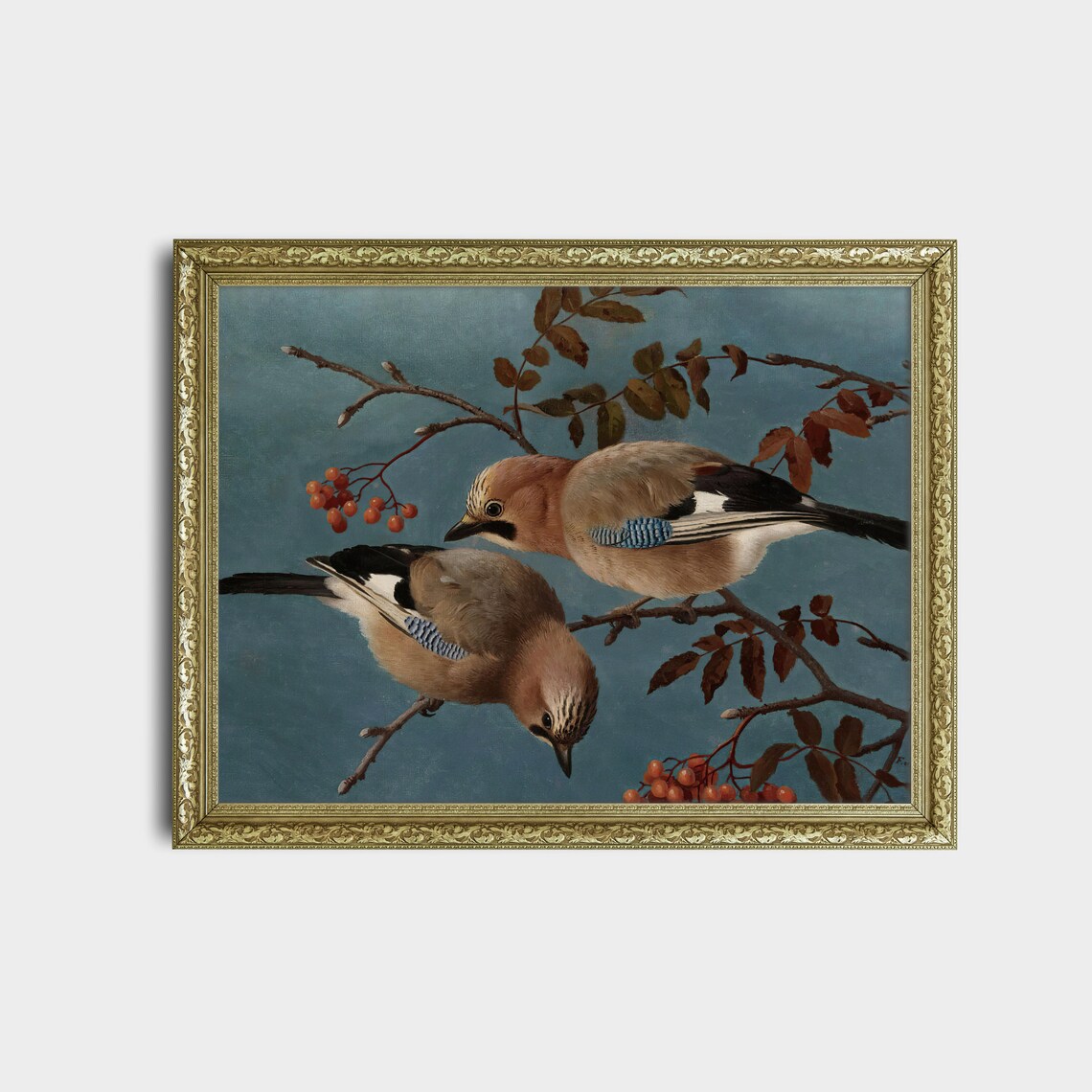 Pair of Eurasian Jays on a Berry Branch Antique Bird Painting Poster - Image 2