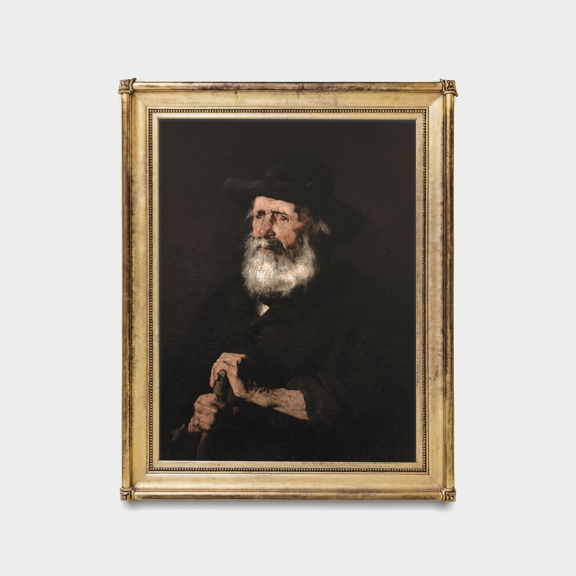 Old Bearded Man Black Hat Walking Stick Moody Oil Portrait Art Poster - Image 5
