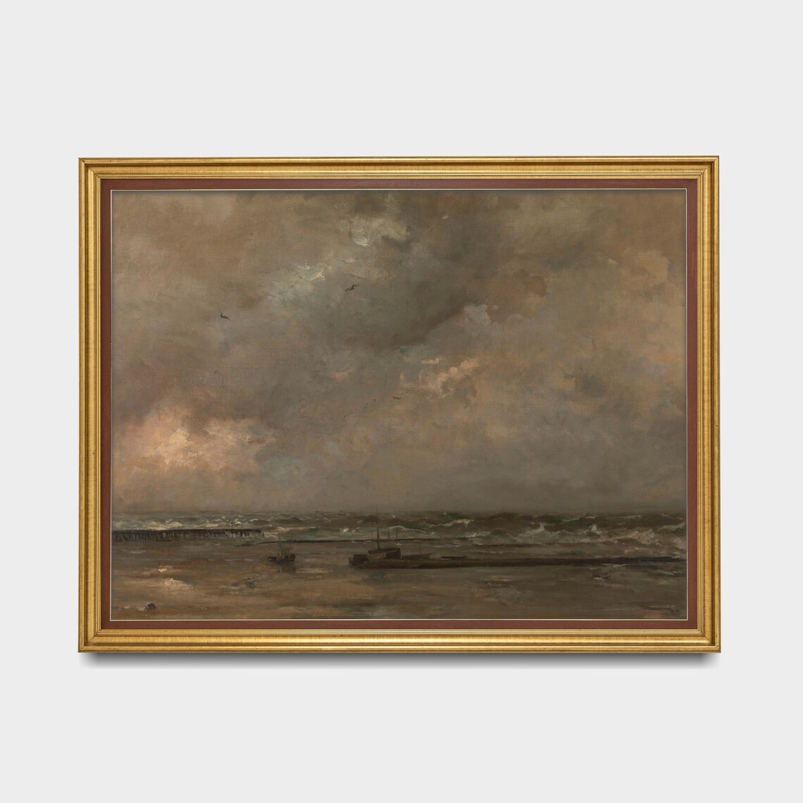 Stormy Coast with Fishing Boats Dark Moody Seascape Painting Poster - Image 3
