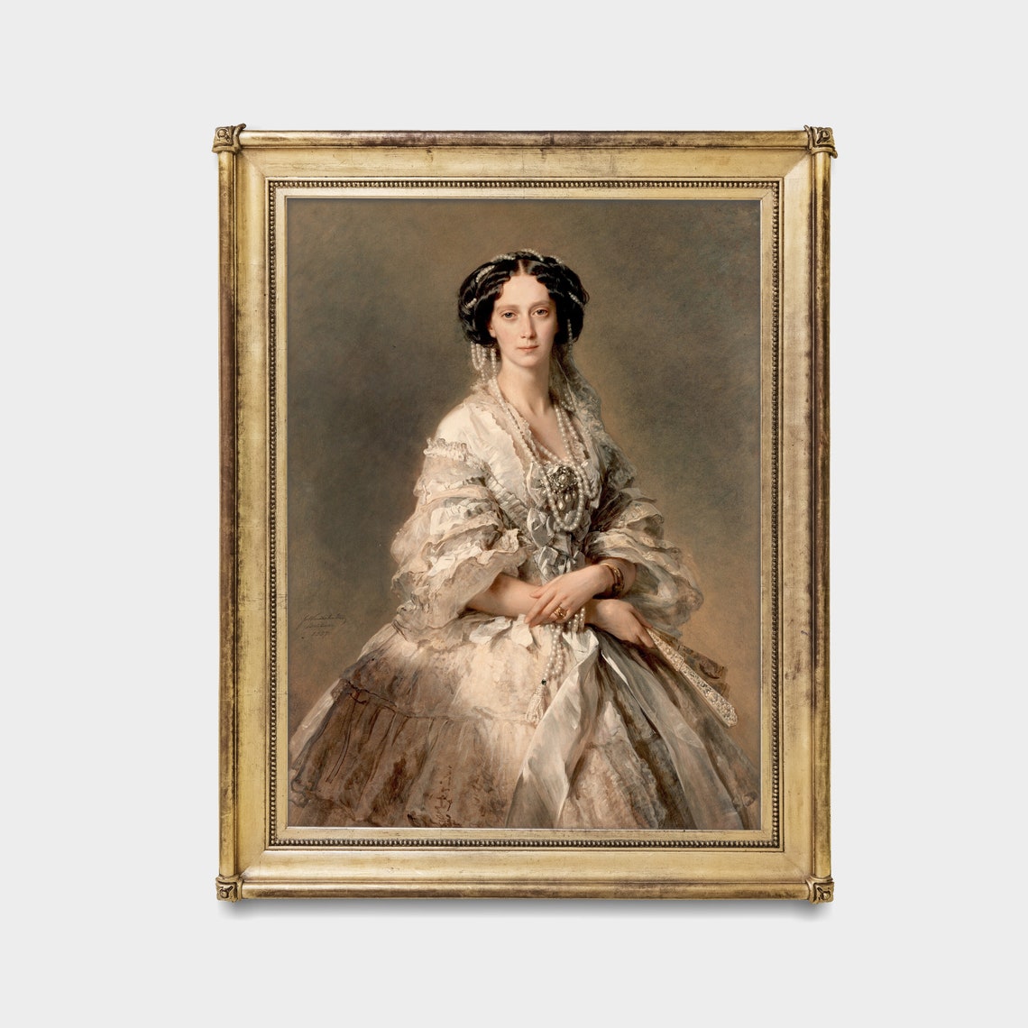 Victorian Lady in White Gown with Pearls Antique Portrait Poster - Image 2