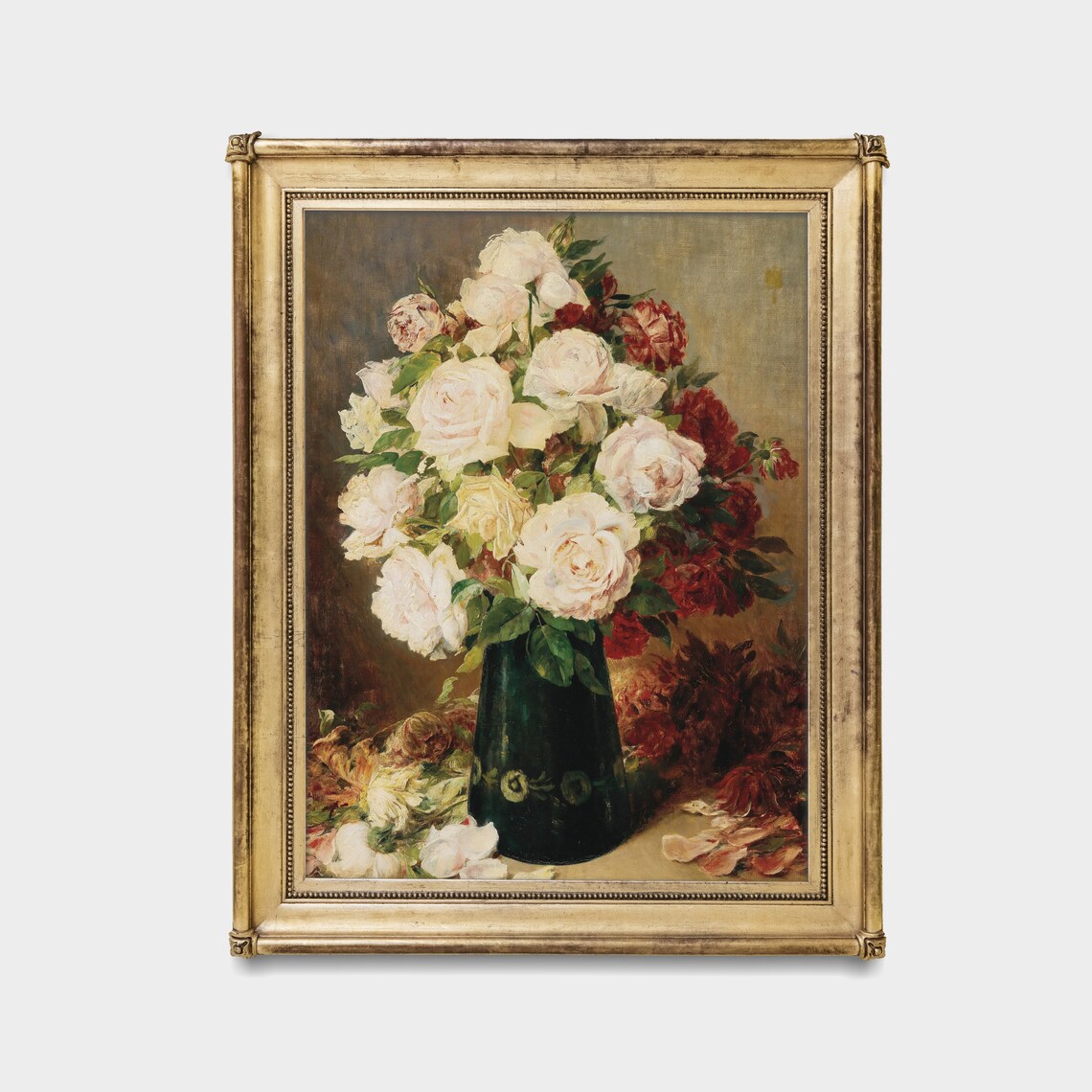 White and Red Roses in a Green Vase Floral Still Life Poster - Image 4