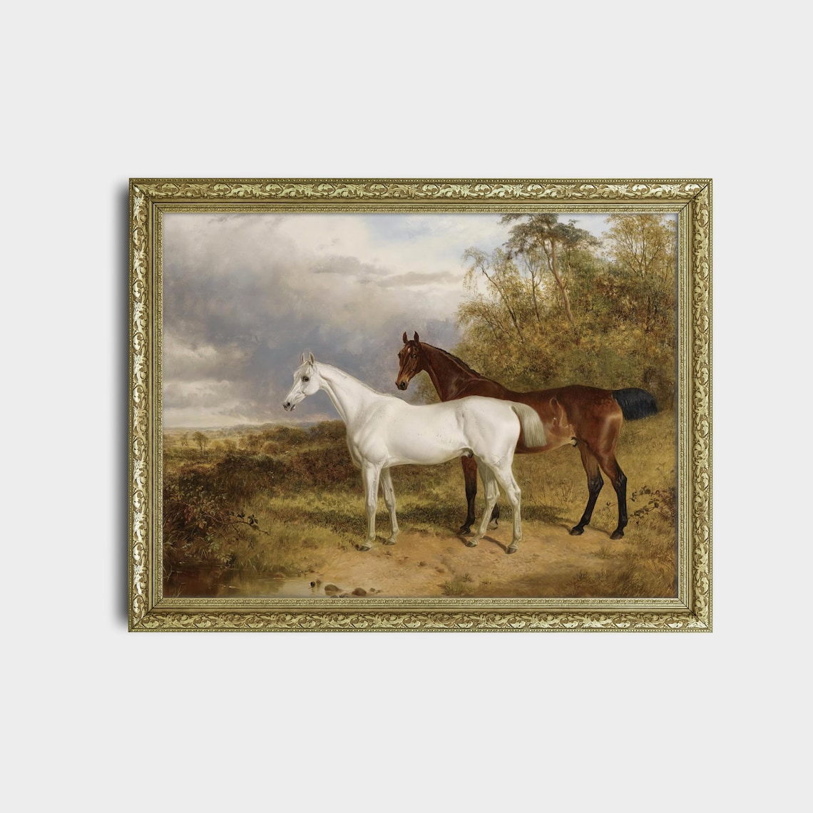 White and Bay Horses Standing Together in a Sunny Field Oil Poster - Image 2