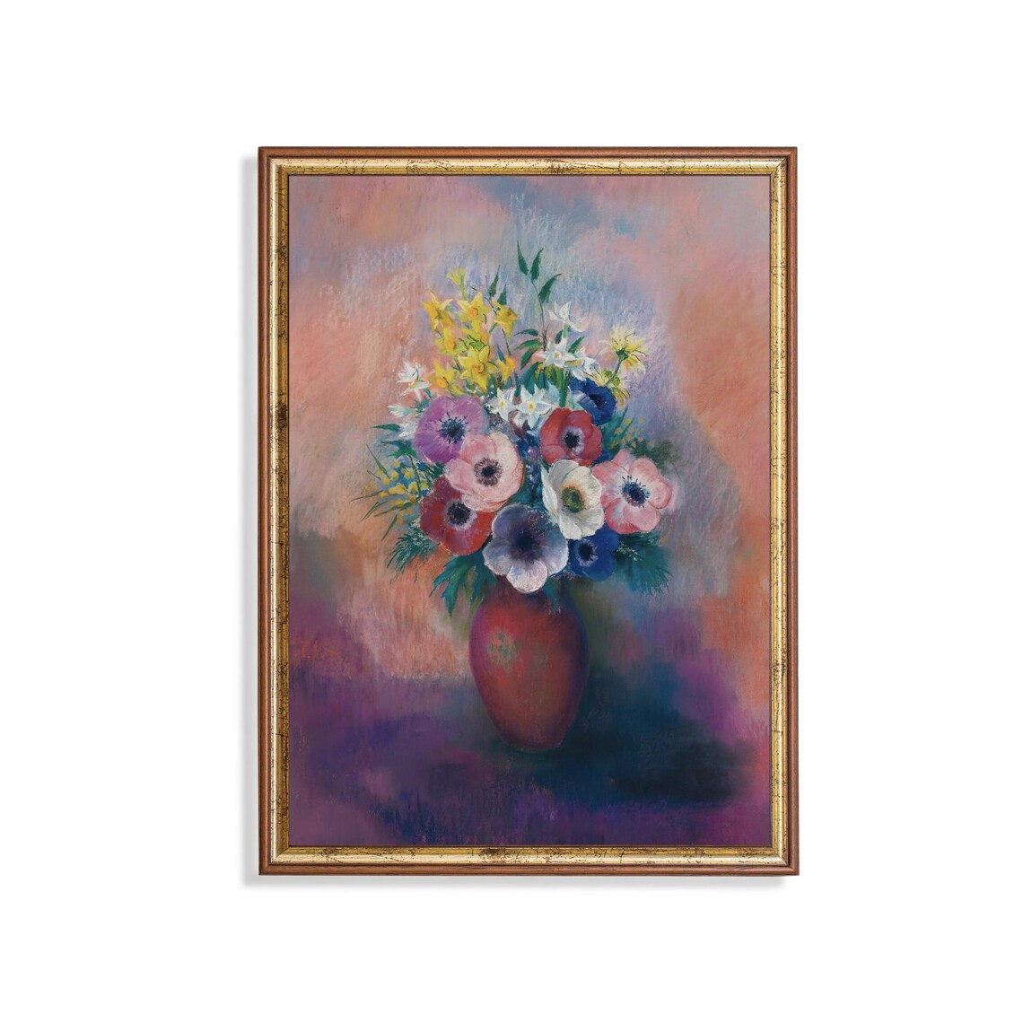 Pastel Anemone Bouquet Red Vase Soft Floral Impressionist Art Poster
