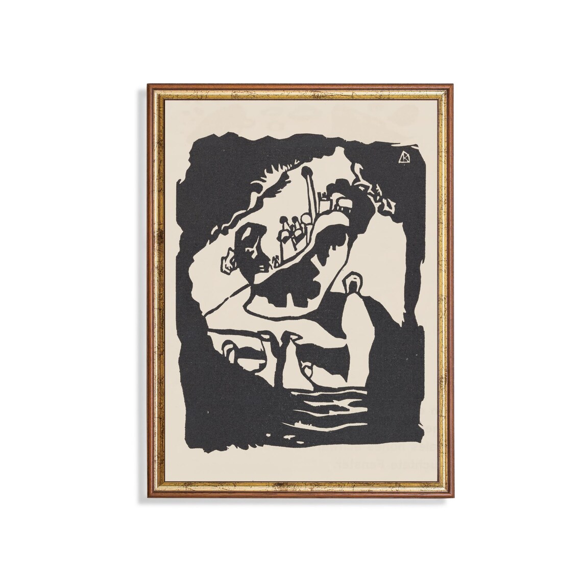 Expressionist Black White Woodcut Boat With Birds Vintage Art Poster