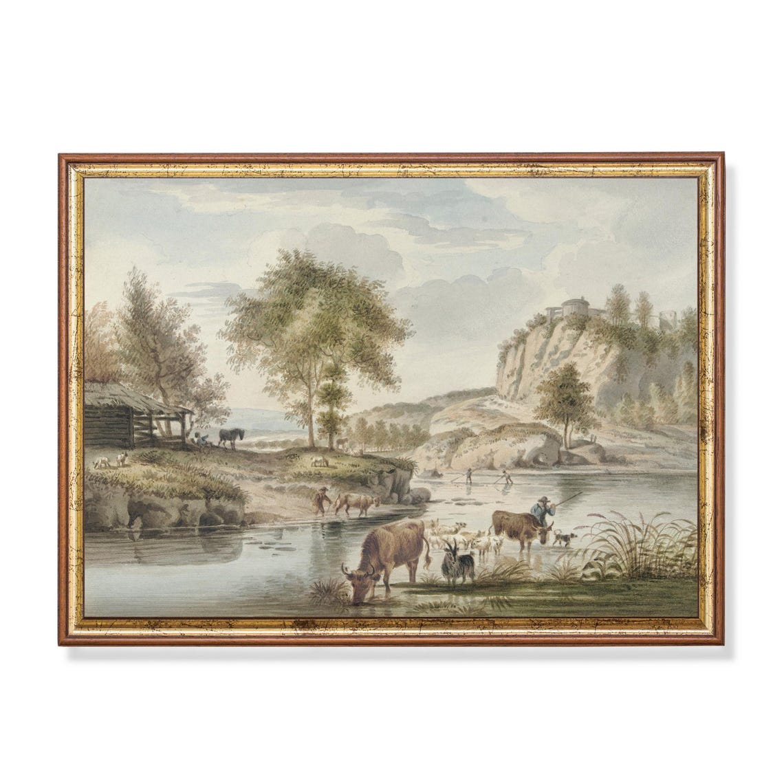 Cattle Watering at River Beneath Cliffs Pastoral Landscape Poster