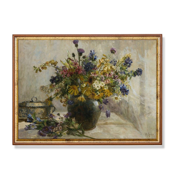 Vintage Still Life With Flowers Antique Floral Painting Wall Art Flowers On A Vase Moody Rustic Art