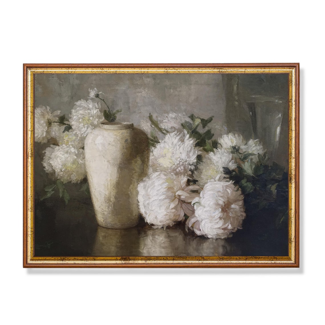 White Chrysanthemums Beside Pale Ceramic Vase Vintage Floral Poster
