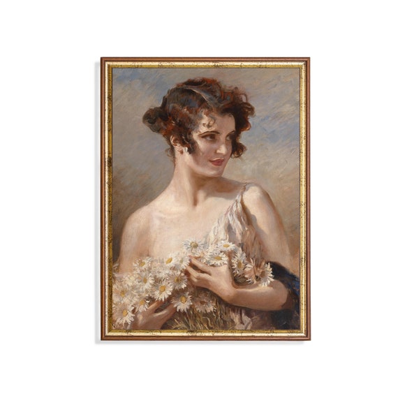 Vintage Woman Portrait with Daisies, Rustic Art Print