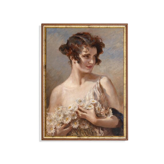Woman Holding a Bouquet of White Daisies Vintage Portrait Poster