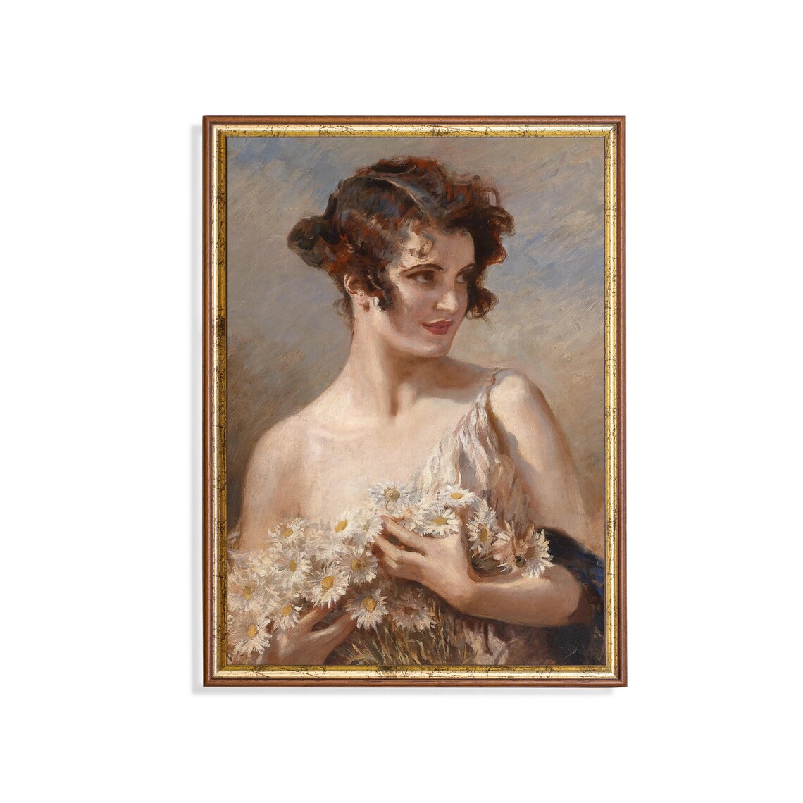Vintage Woman Portrait with Daisies, Rustic Art Print