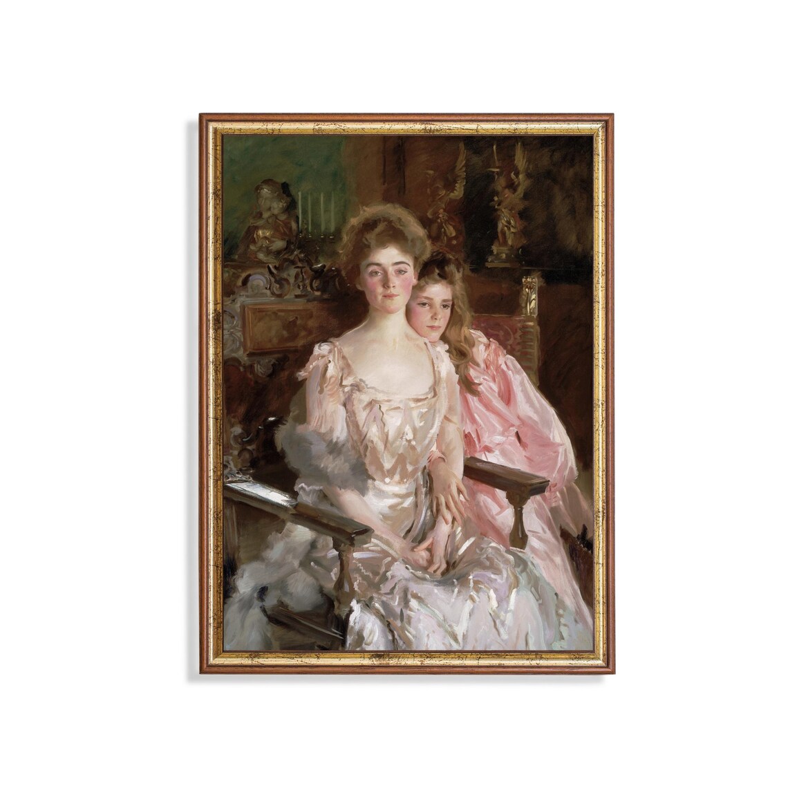 Mother and Daughter in Elegant Gowns Vintage Portrait Art Poster
