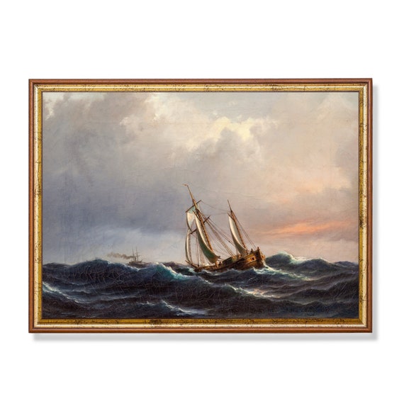 Vintage Seascape Painting Antique Sailing Ship Print Moody Rustic Fine Art Nautical Decor Wall Art