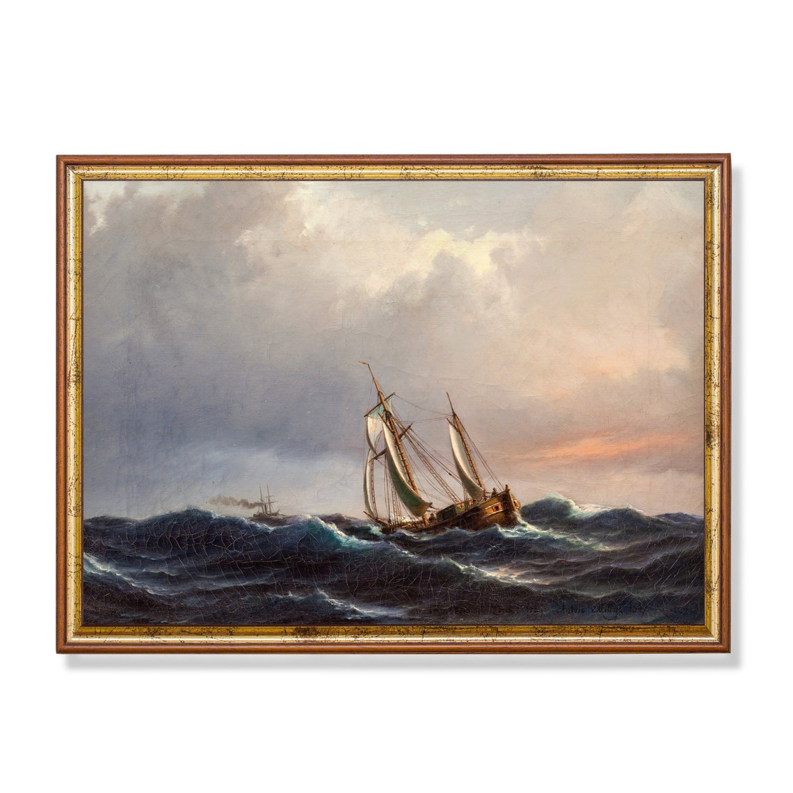 Vintage Seascape Painting Antique Sailing Ship Print Moody Rustic Fine Art Nautical Decor Wall Art