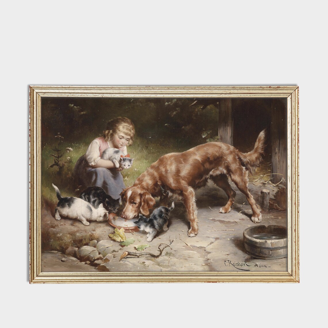 Little Girl with Dog and Kittens Sharing Milk Genre Painting Print - Image 3