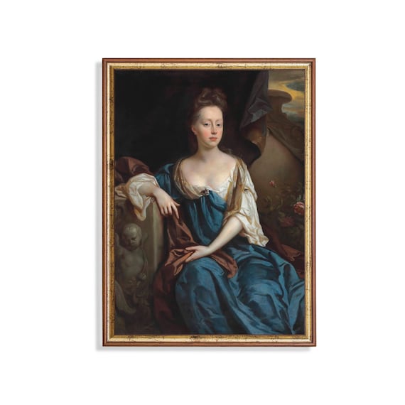 Baroque Lady in Teal Gown Cherub Statue Classic Portrait Poster
