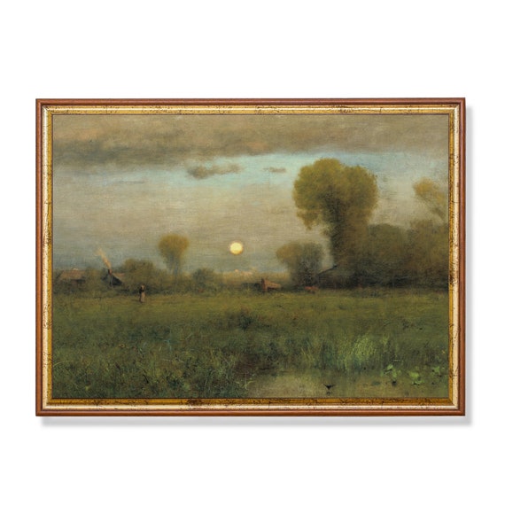 Vintage Landscape Painting Country Landscape Antique Moon Fine Art Print Rustic Moody Painting Wall Art