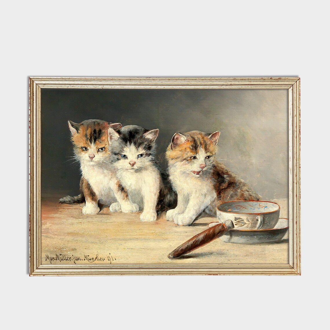 Three Kittens by Teacup Vintage Victorian Cat Painting Art Poster - Image 2