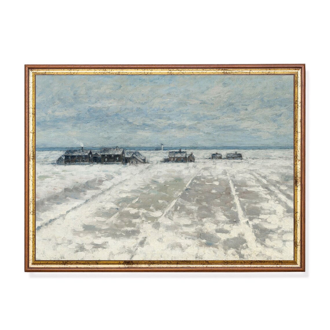 Snow-Covered Coastal Village Huts on Frozen Shore Vintage Poster