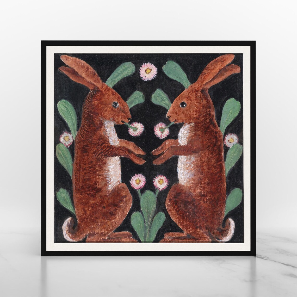 Two Hares Mirrored Folk Art Painting Whimsical Animal Poster - Image 2