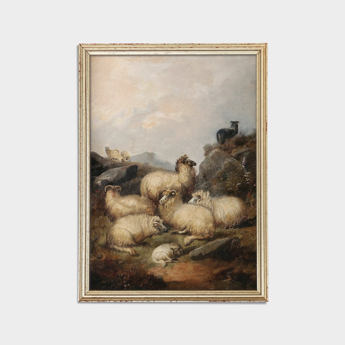 Sheep Flock Rocky Hillside Antique Animal Farm Landscape Poster - Image 2