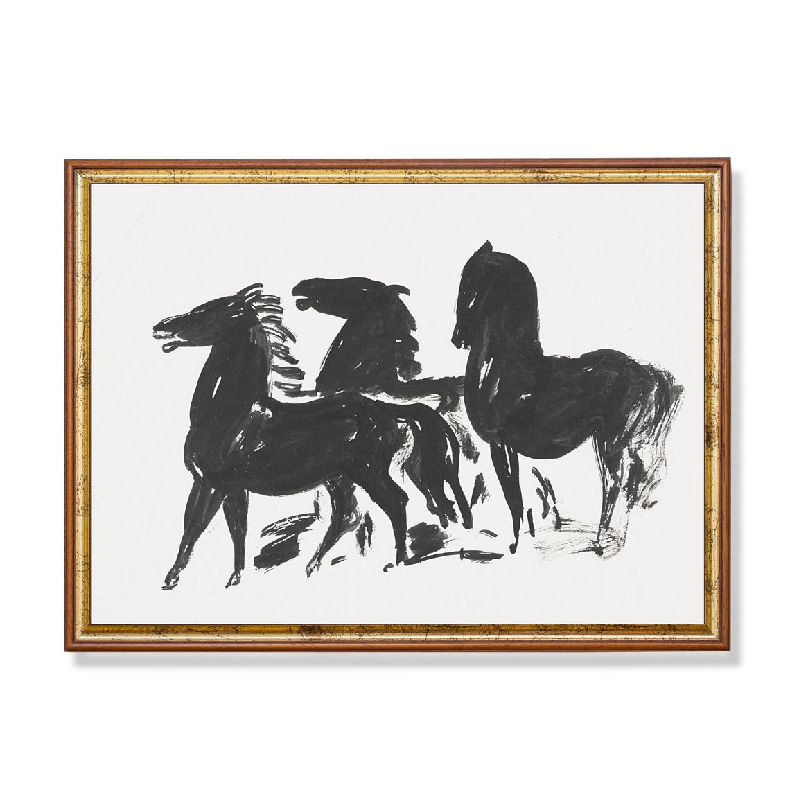 Three Black Horses Minimalist Ink Sketch Modern Equestrian Poster