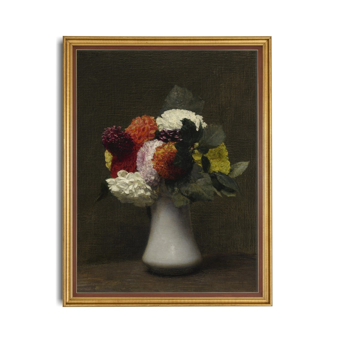 Dahlia Bouquet in White Vase Dark Background Vintage Floral Poster - Image 2