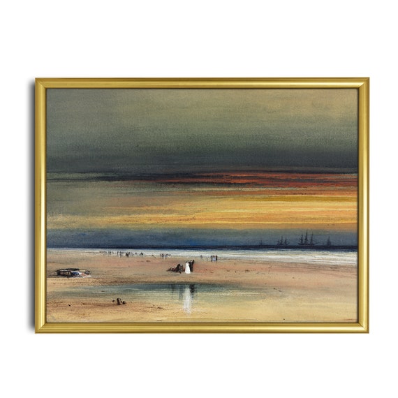 Vintage Seascape Painting Antique Sunset Fine Print Moody Rustic Ocean Beach Wall Art Coastal Decor