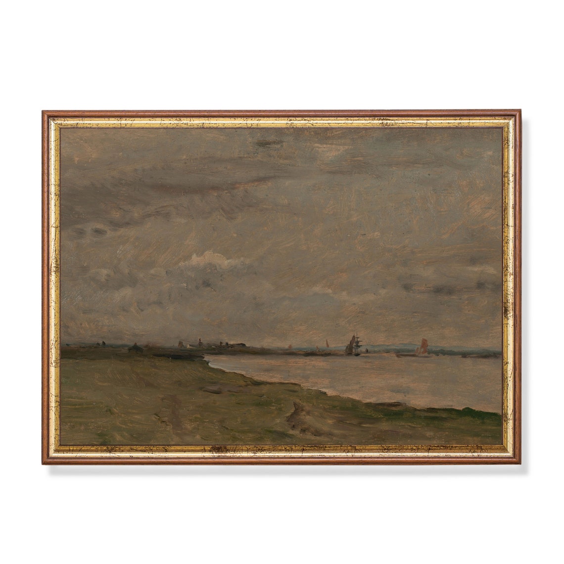 Tonal River Estuary Distant Ships Vintage Landscape Painting Poster