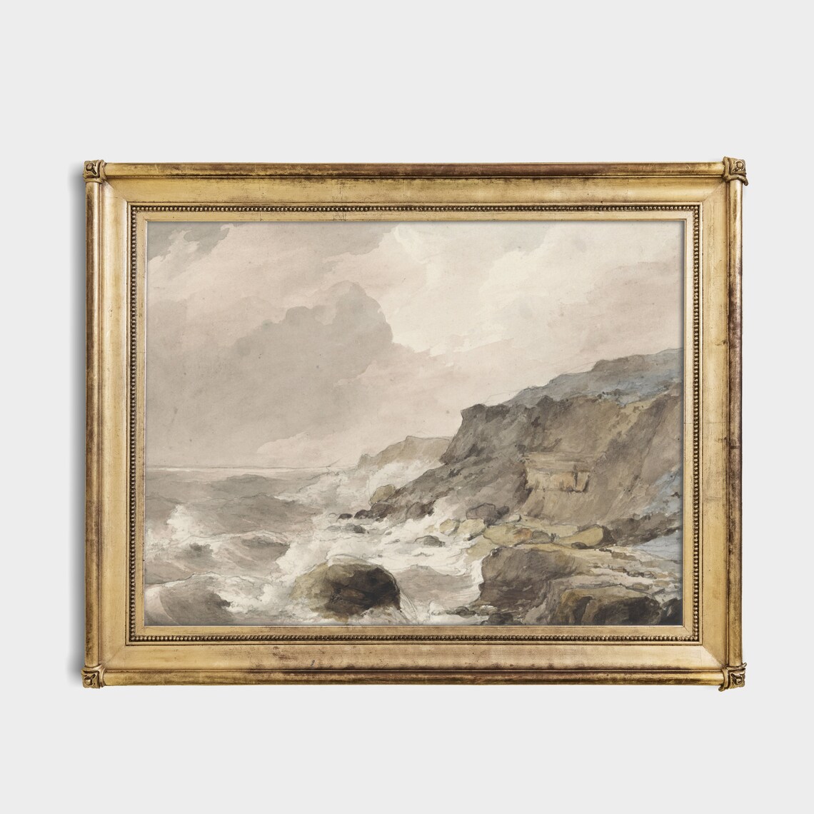 Waves Crashing on Rocky Cliffs Muted Watercolor Coastal Scene Poster - Image 3