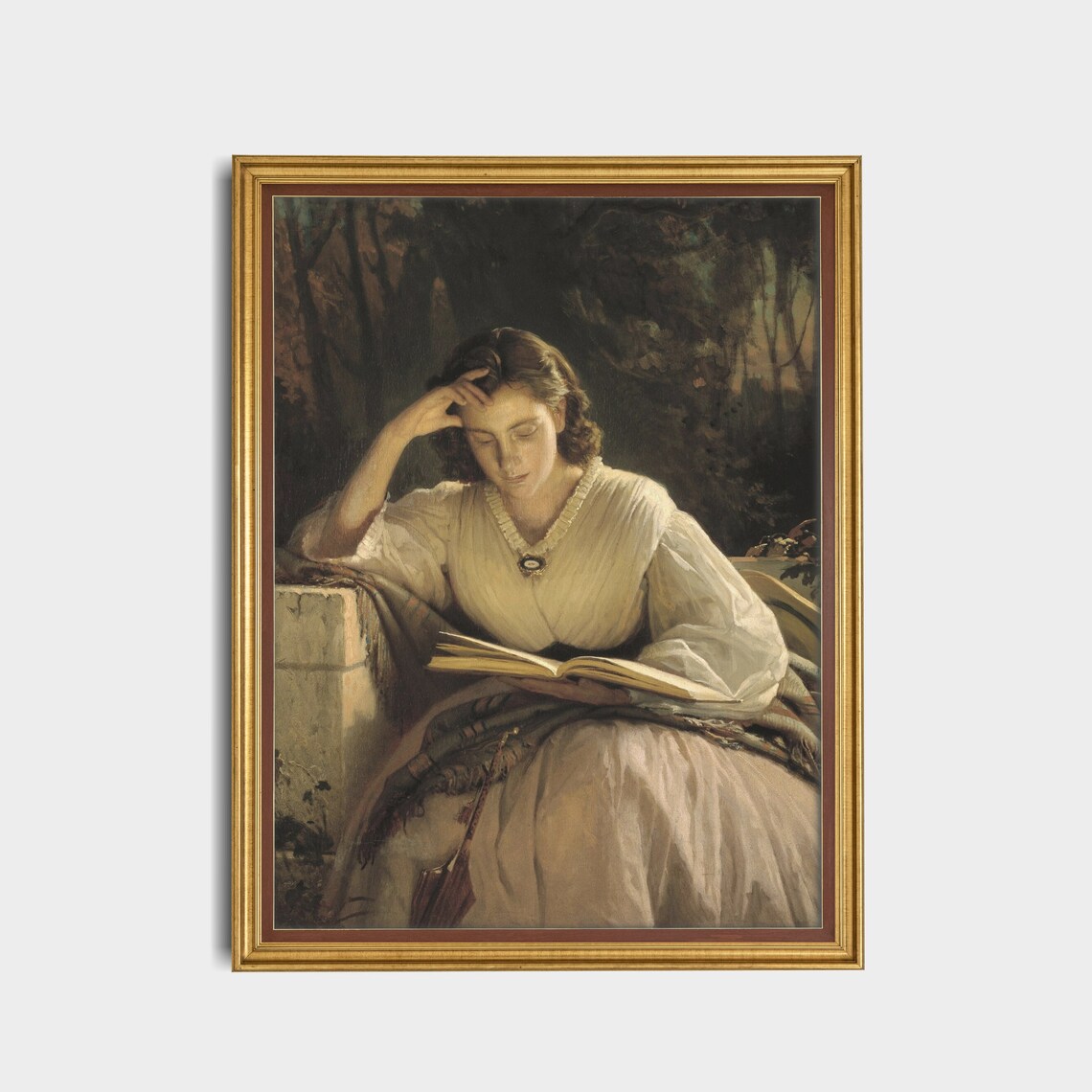 Victorian Woman in White Reading Outdoors Lost in Thought Poster - Image 3
